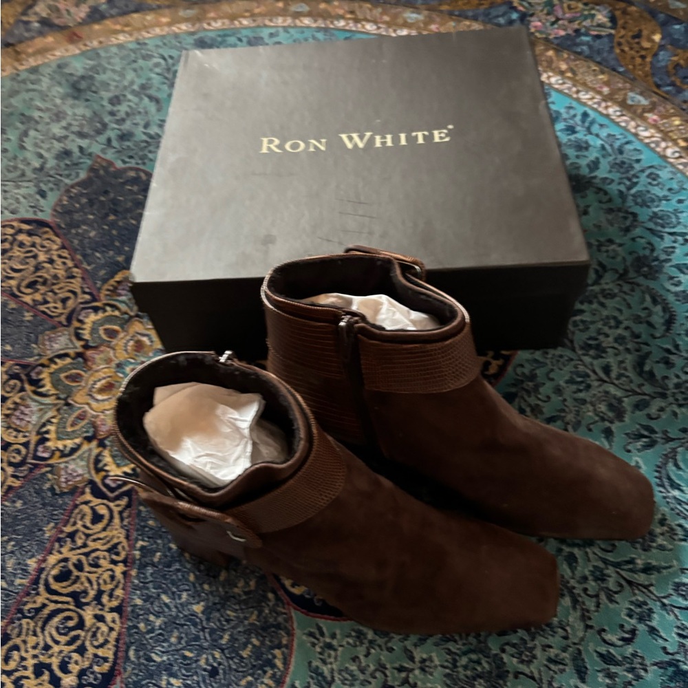 Women's Brown Suede Ankle Booties with Textured Buckle Strap